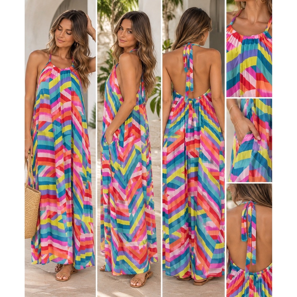 Elan Rainbow Striped Halter Maxi Dress Multi Color Geometric Boho O/S RYM5455-A